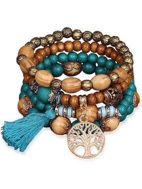 Boho Stackable Stretch Bracelets for Women - Tree of Life Bead Jewelry
